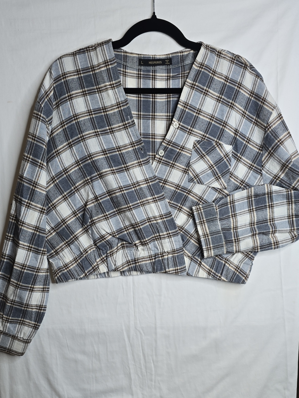 Hesperus Gray Brown Plais Long Sleeve Crossover Buttondown Country Granola Boho - Picture 2 of 8